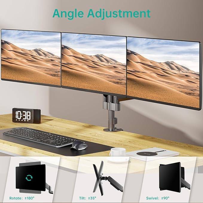 WALI Triple Monitor Mount for 13-27 inch Screens, Adjustable 3 Monitors Desk Mount with Swivel, Tilt, Clamp & Grommet Kit, Gas Spring Arm Triple Monitor Stand, VESA 75x75/100x100mm (GSDM003), Black