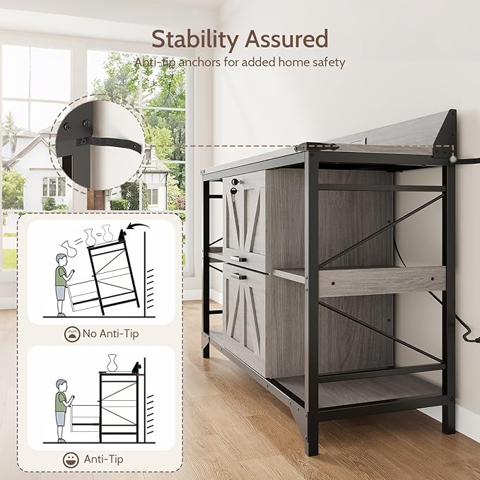 44" File Cabinet, Lateral Filing Cabinet for Home Office with 2 Drawers, Office Storage Cabinet with Lock and Key, Wooden Printer Stand with 4 Storage Shelves and Power Outlets