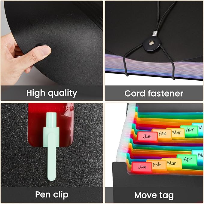 Sooez 24 Pockets Expanding File Folder with Blank Labels, According File Organizer with Expandable Cover, Desktop Accordion Folders Letter A4 Paper Document Storage Organizer, Black