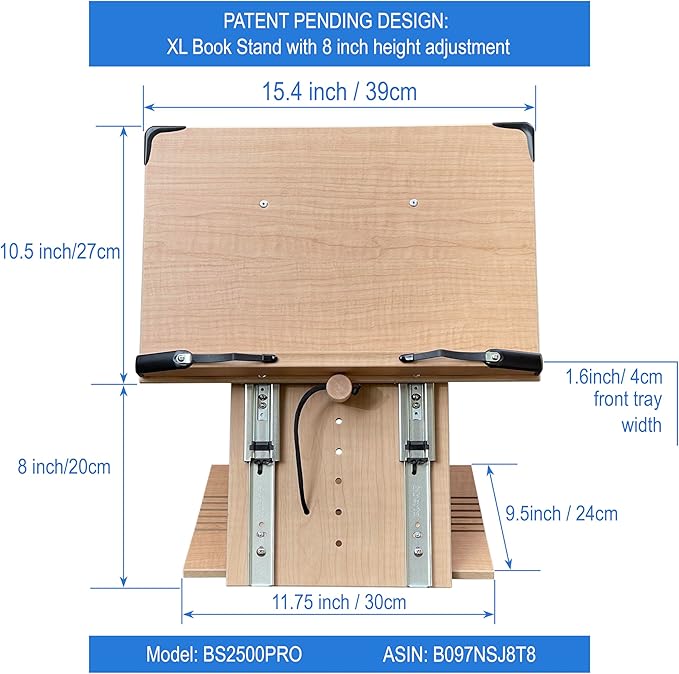 BS2500PRO XL Super Heavy Duty 15.4x10.5 Portable Height Adjustable Foldable Eye Level Bookstand Holder for Reading Hands Free Large Thick Heavy College Textbooks Tablets Neck Pain Free