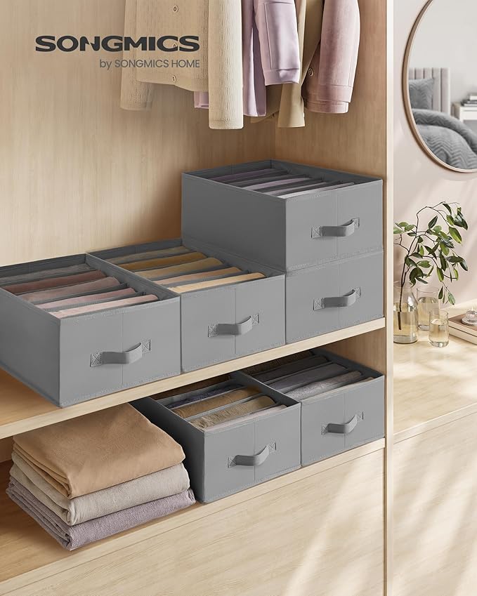 SONGMICS Set of 6 Large Size Wardrobe Clothes Organizers, 6-Compartment Foldable Drawer Organizers with Handles, 16.5 x 11.8 x 6.7 Inches, for Pants, Sweaters, Jeans, Dove Gray URUS009G03
