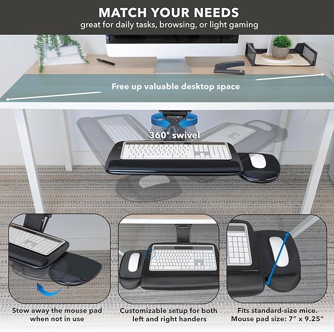 Mount-It! Full Motion Under Desk Keyboard Tray with Wrist Rest | Height and Tilt Adjustable Ergonomic Slide Out Keyboard Platform with Swivel, Mouse Pad for Left or Right Setup