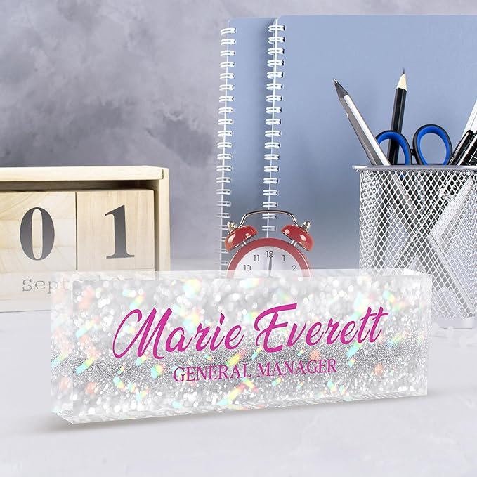 Custom Name Plate for Desk | Personalized Desk Name Plate | Personalized Boss Employee Appreciation Gifts | Acrylic Name Plate Office Desk Accessories (A-Silver Colored Crystal)