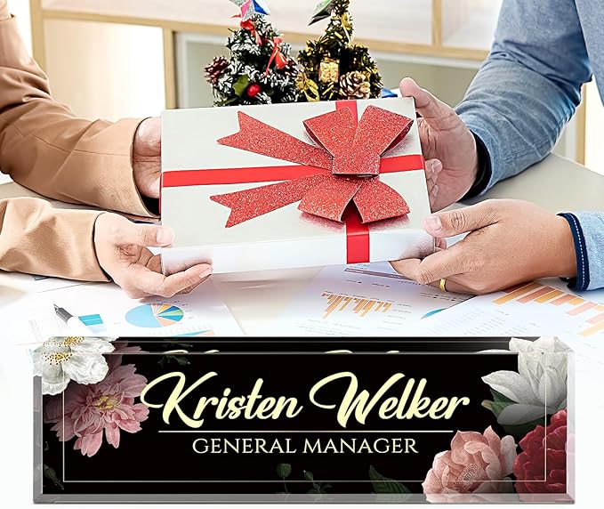 Name Plate for Desk, Desk Name Plate Personalized, Office Decor for Women Men, Acrylic Desktop Accessories, Office Appreciation Gifts for Boss Social Workers Nurse Teacher Employee (Black/Flowers)