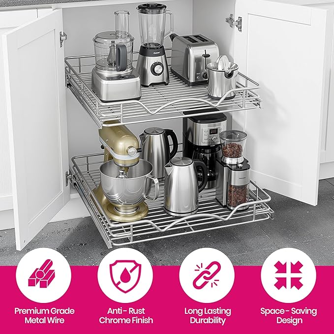 HOLDN’ STORAGE Two Tier Pull Out Cabinet Organizer, Individual Sliding Drawers - Heavy Duty Metal with Lifetime Limited Warranty - Anti Rust Chrome Finish - 24" W x 21”D x 16.5" H
