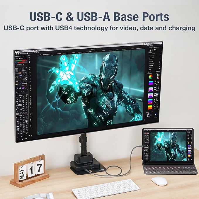 AVLT Single 57 Inch Heavy Duty Monitor Arm Pole Top Mount with USB-C USB-A Ports-Black, Height Adjustable, Easy Install Top C-Clamp/Grommet with Reinforcement Plates, VESA Compatible 200/100/75