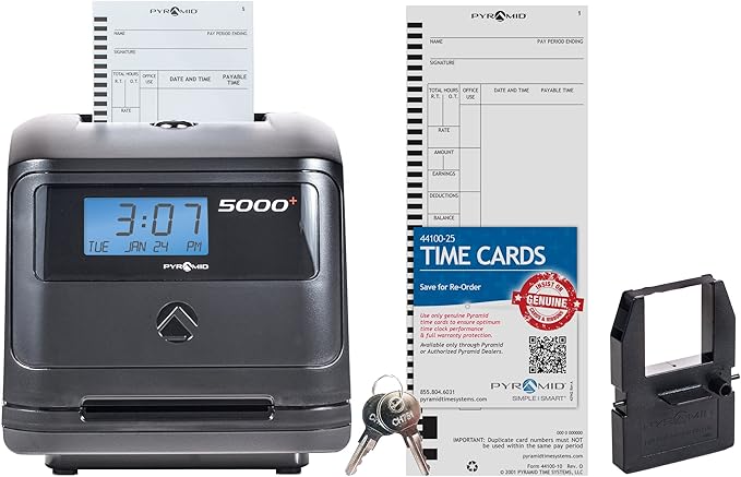 Pyramid Time Systems - Model 5000 Auto Totaling Time Clock, Employee in/Out Time Tracker for Small Business, Includes: 25 Time Cards,1 Ink Ribbon Cartridge, 2 Security Keys and User Guide - Black