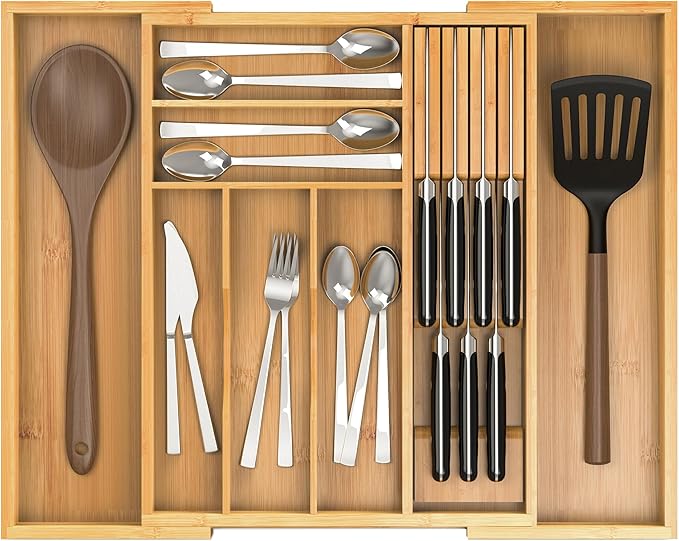 Bamboo Kitchen Drawer Organizer, Expandable Silverware Organizer with Removable Knife Block, 6-8 Slots- Utensil Holder & Cutlery Tray Drawer Dividers, 2.36" Deep for Extra Capacity, Natural