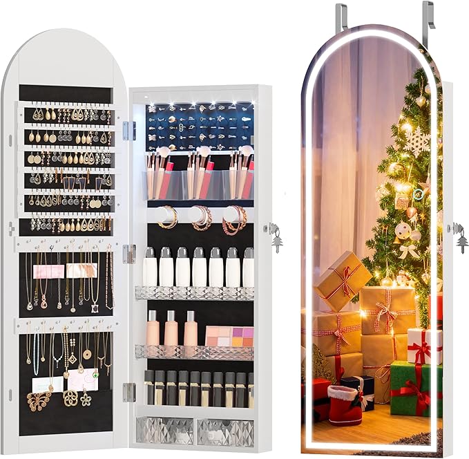 LVSOMT Wall Mounted Jewelry Organizer Lockable, 43"x16" Door Hanging Arched Mirror with Lights and Jewelry Storage, 6 LEDs Jewelry Cabinet (White)