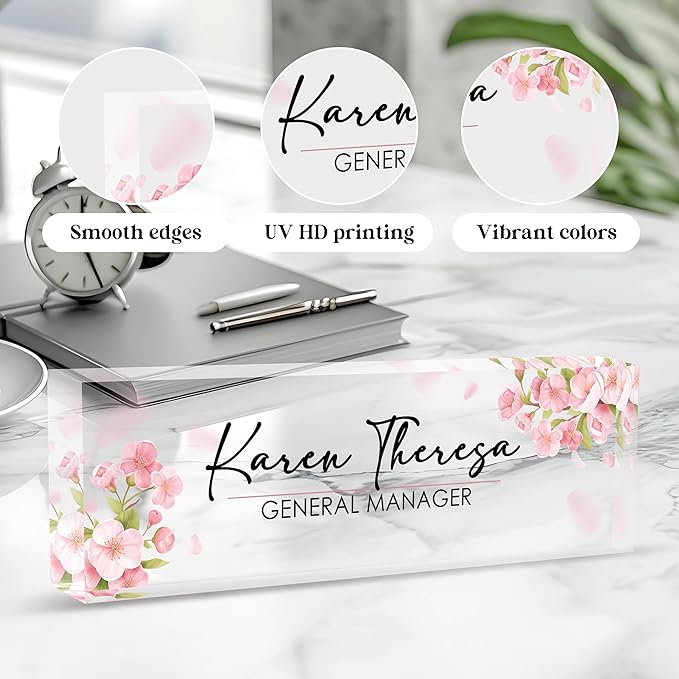 Custom Office Name Plate, Personalized Gifts for Women & Men, Appreciation Gifts for Employees, Office Desk Accessory (Pink Flower)