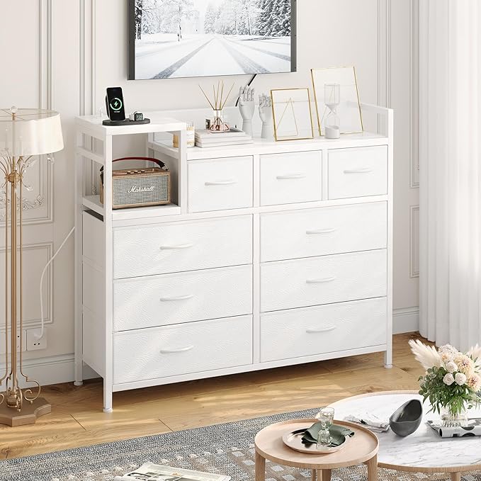 Jojoka 9 Drawer Dresser TV Stand with Charging Station,Modern Entertainment Center for Living Room & Bedroom with Power Outlets, Open Storage Shelves, White