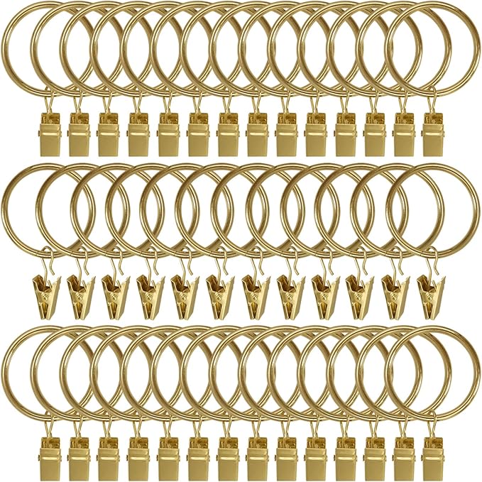 AMZSEVEN 40 Pack Metal Curtain Rings with Clips, Drapery Clips Hooks, Decorative Curtain Rod Clips 1.5 in Interior Diameter, Gold