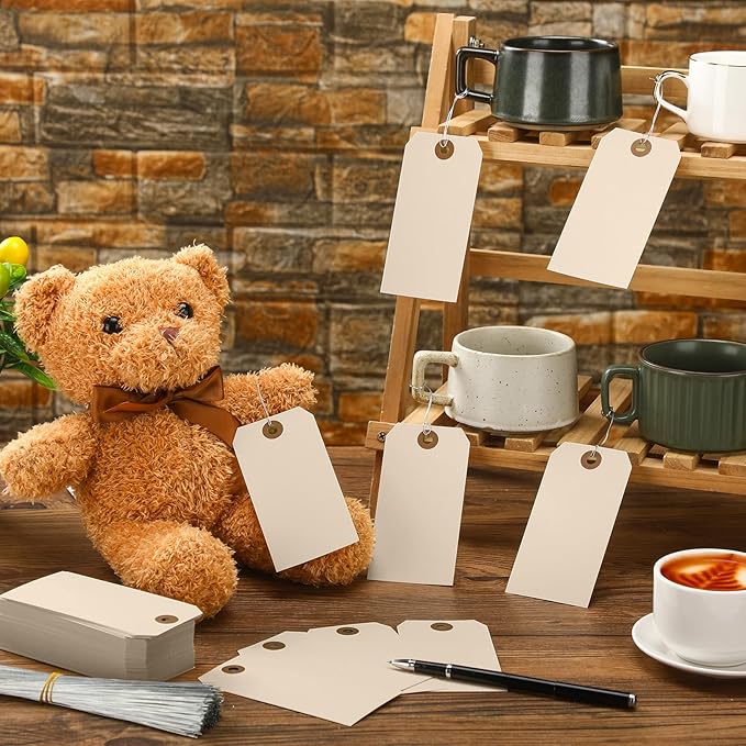 1000 Pcs Blank Manila Shipping Tags with Wire 2 3/4" x 1 3/8" Paper Hang Luggage Asset Gift Label Key Tags (Khaki)