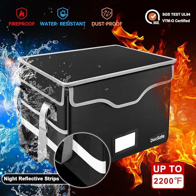 DocSafe Fireproof Document Box with Lock,File Storage Organizer with Pockets,Collapsible Portable File Box Home Office Safe Filing Cabinet with Handle for Hanging Letter/Legal Folders,Black,2 Pack