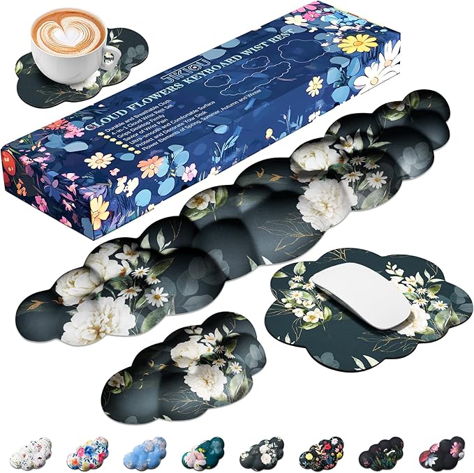 JIKIOU Cloud Wrist Rest Keyboard, Cloud Keyboard Wrist Pad Set with Comfortable Cloth, Cute Arm Rest for Palm Support, PC/Gaming Desk Accessories/Office Setup/Computer Hand Cushion Peony