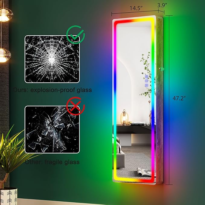 HNEBC LED Mirror Jewelry Cabinet with RGB Lights,47.2" Wall Mounted Jewelry Organizer with Full-Length Mirror,Over The Door Hanging Jewelry Armoire Storage Cabinet,Folding Dresser,2 Drawers,Lockable