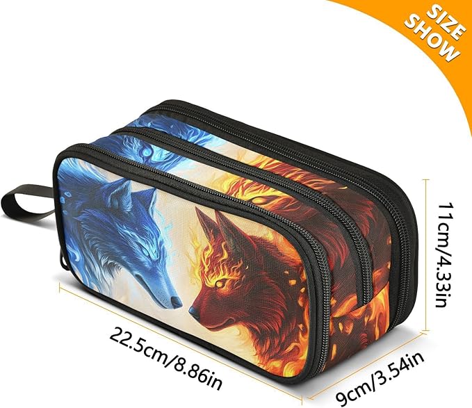 Wolf Ice Blue Fire Pencil Case Box Boys Girls Large Pencil Pouch with Zipper Compartments Big Capacity Stationery Pen Bag Organizer for Kids Teens Adults School