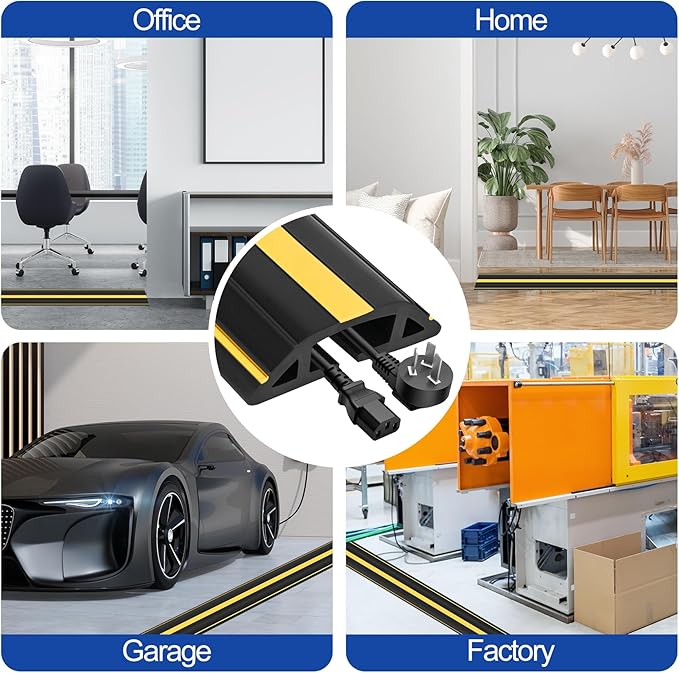 20Ft Cord Covers for Wires on Floor, 3-Channel Heavy Duty Floor Cord Cover with Anti-Slip Base & Yellow Warning Strips, Ideal for Home, Office, Outdoor Use(10Ft X 2 Rolls)