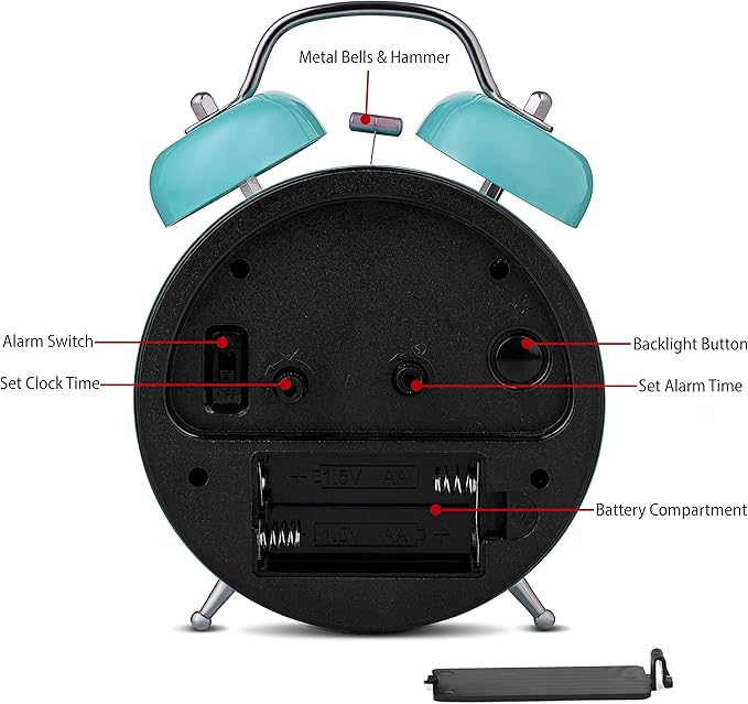 Bernhard Products Analog Alarm Clock 4" Twin Bell Robin Egg Blue Silent Non-Ticking Quartz Battery Operated Extra Loud with Backlight for Bedside Desk, Retro