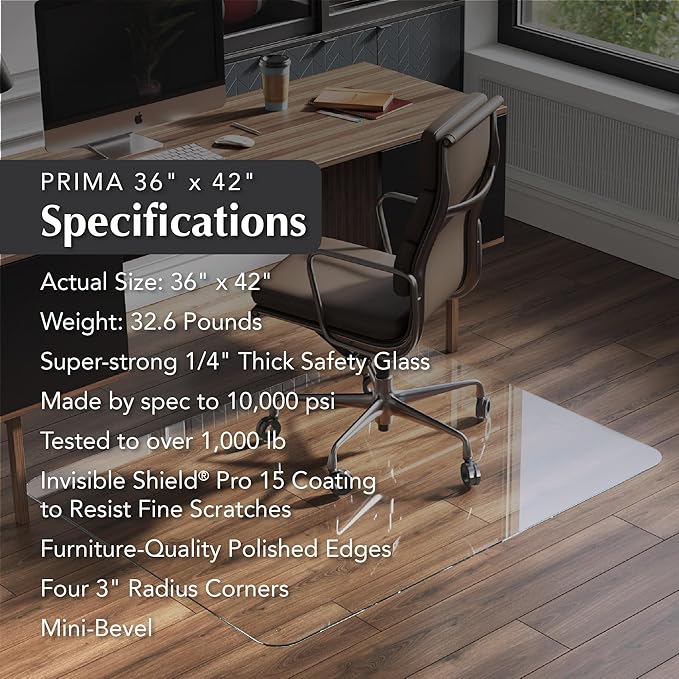 Vitrazza Glass Chair Mat 36” x 42” Superior ¼ Thick, Chiaro Standard Clear, Certified Tempered Safety Glass, Delivers a Smooth Glide, Protects Carpet or Wood, Beautiful in Home or Office