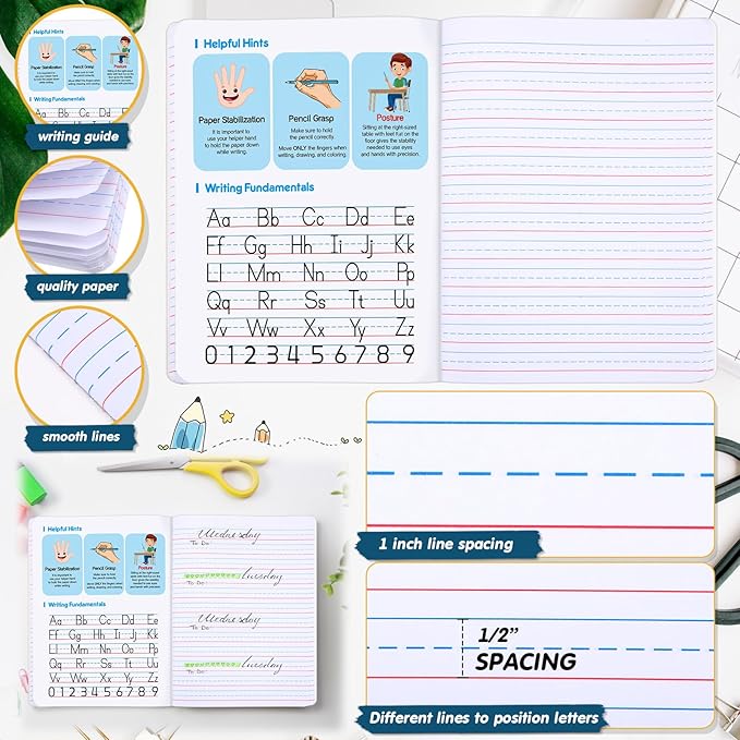 Watersay 30 Pack Primary Ruled Composition Notebook, Grade K-2 Journal 50 Sheets, 7-1/2" x 9-3/4" Primary Composition Book Writing Notebook for Kids Kindergarten Preschool 1st 2nd Grad (Black)