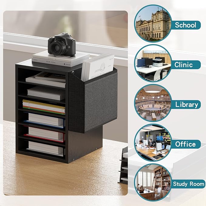 Literature Organization Paper Storage Slot, Office Desk File Organizer, Desktop Wood Mailbox For Teacher Classroom, 6 Tier Adjustable Countertop Mail Sorter, Mailboxes With Name Slots, Black