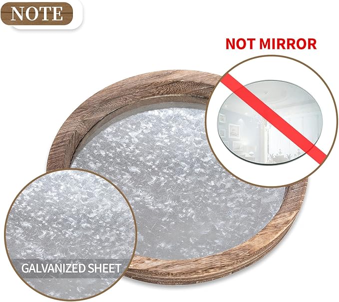 Hanobe Round Wood Decorative Tray: Set of 2 Farmhouse Wooden Galvanized Trays for Coffee Table Centerpiece Rustic Vintage Candle Platter for Ottoman Home Decor Kitchen Bathroom Bar Countertop