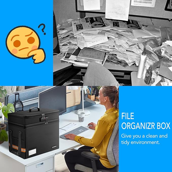 Fireproof Document Box with 13 Pockets Accordian File Organizer, Water-Resistant File Organizer Box with Lock, Collapsible File Storage Cabinet for Hanging Letter/Legal Folder, Black