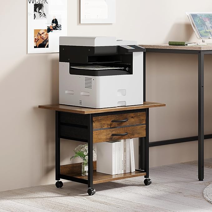 Large Printer Stand with Storage Fabric Drawer Under Desk Printer Table with Wheels for Home Office, Printer Cart fit Fax Machine Scanner 23.4"x15.7"(Rustic Brown, 2 Tiers)