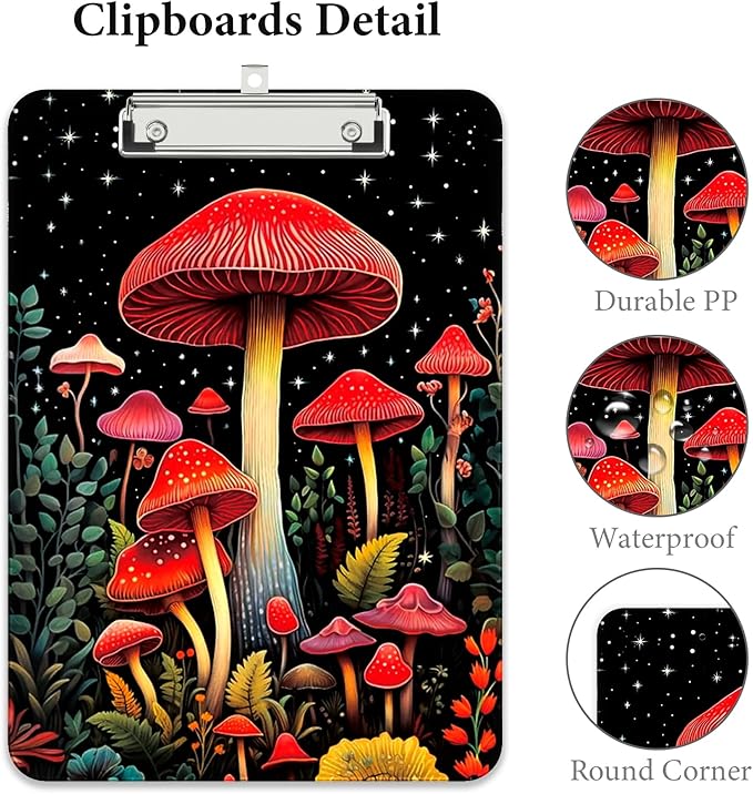 Rimilak Plastic Clipboards with Metal Clip, A4 Letter Size 9 x 12.5 in, Office Decorative for Students Women Men and Kids, Cute Custom Pattern, Red Mushroome