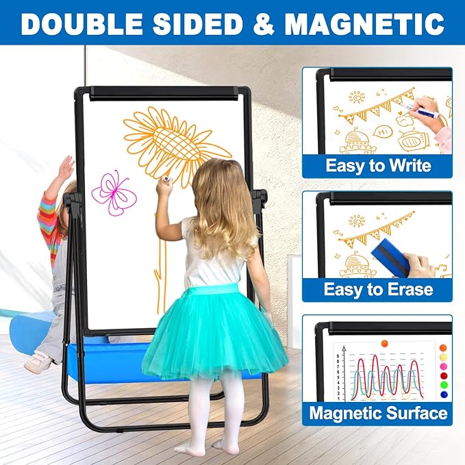 Dry Erase White Board with Stand Double Sided 28"X20" Magnetic U Standing Easel Whiteboard, Height Adjustable & 360° Rotation Portable White Boards for Classroom, Home & Office