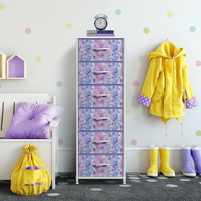 Sorbus Fabric Dresser for Kids Bedroom - Chest of 6 Drawers, Tall Storage Tower, Clothing Organizer, for Closet, for Playroom, for Nursery, Steel Frame, Fabric Bins - Wood Handle (Tie Dye Purple)