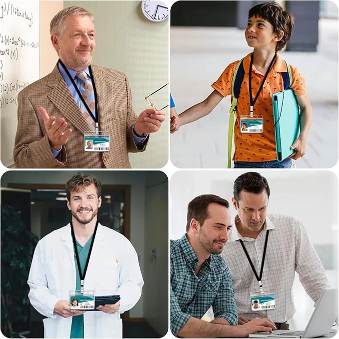 100 Pcs Clear Horizontal Badge Id Card and 100 Pcs Lanyard, Reusable Lanyards for Id Badge Holder Name Tag Badge Holder with Lanyards for Adults Kids Business School Conferences (Black)