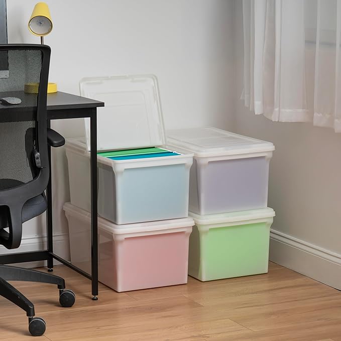 IRIS USA File Box, File Organizer w/Hinged Split Lid for Letter File, Important Document Box, Plastic Storage Filing Bin for Moving, Stackable Nestable Portable, Pearl 44 Qt. 4 Pack