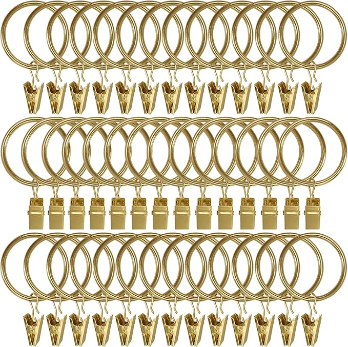 LLPJS 40 Pack Metal Curtain Rings with Clips, Curtain Clip Rings Hooks for Hanging Drapery Drapes Bows, Curtain Rod Rings 1.5 inch Interior Diameter, Gold