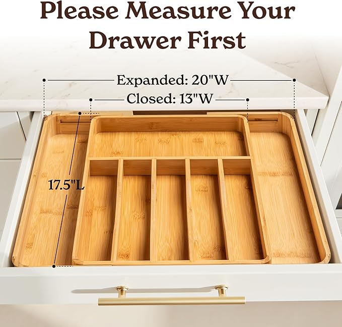 SMIRLY Silverware Drawer Organizer – Bamboo Kitchen Drawer Organizer, Adjustable Utensil Holder and Cutlery Tray, Drawer Dividers for Flatware and Kitchen Utensils