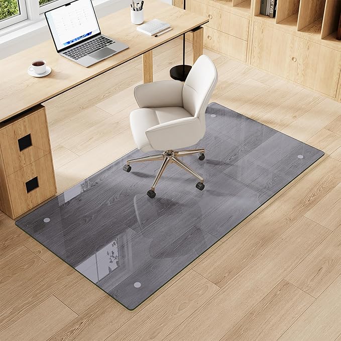 Tempered Glass Gray Chair Mat for Carpet & Hard Floor, 30"x55" Office Chair Mat - Heavy Duty & Scratch Resistant, Non-Slip Pads, Rounded Corners & Polished Edges