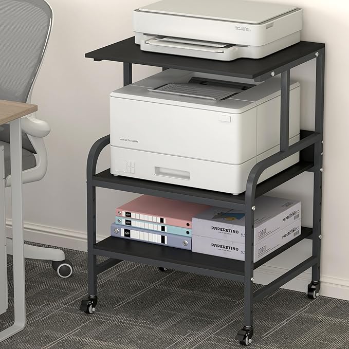 Black Printer Stand, Large Printer Table with Wheels, 32.48 X 22.05 X 18.9 Home Office Rolling Stand with Adjustable Shelf, Heavy Duty Printer Cart for Scanner, Fax, Black Ebony