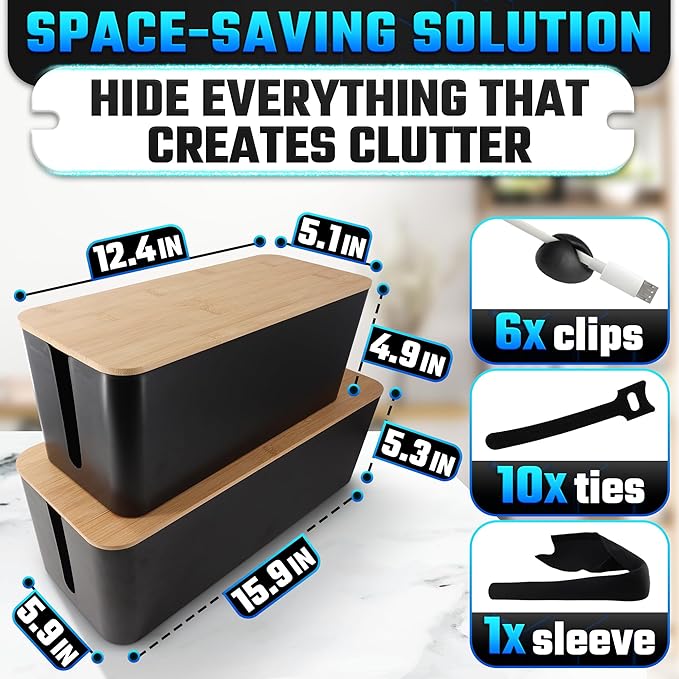 Cord Management Box Set – 2 Pack Cable Organizer Box to Hide Cords and Power Strip Kit with Clips, Reusable Ties & Sleeve – Functional, Modern Design | Medium & Large Sizes for Home & Office Use
