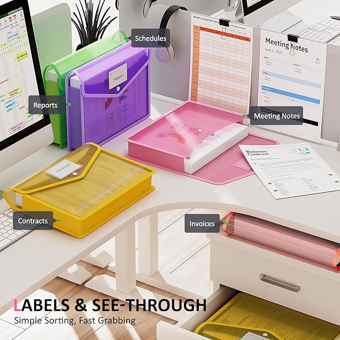 ThinkTex Plastic Expanding File Folder, Transparent Envelopes with Snap Closure,Suitable for Home, Office, School and Hospital, Large Capacity，No Dividers, Dopamine-5-Color, Fit Letter/A4 Size-5 Pcs