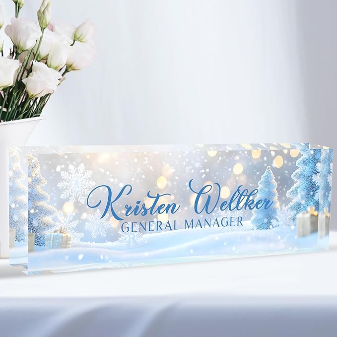 Custom Desk Name Plate Personalized, Acrylic Name Plates for Desk, Office Decor Personalized Gifts for Teacher Coworkers Boss Nurse Blue Christmas Tree