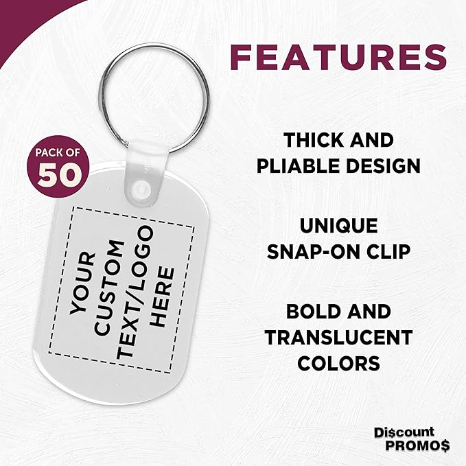 DISCOUNT PROMOS Tag Soft Plastic Keychains - 50 pack - Customizable Text, Logo - Small Key Tag Chain For Staying Organized - Rubber Key Ring Keychain – White