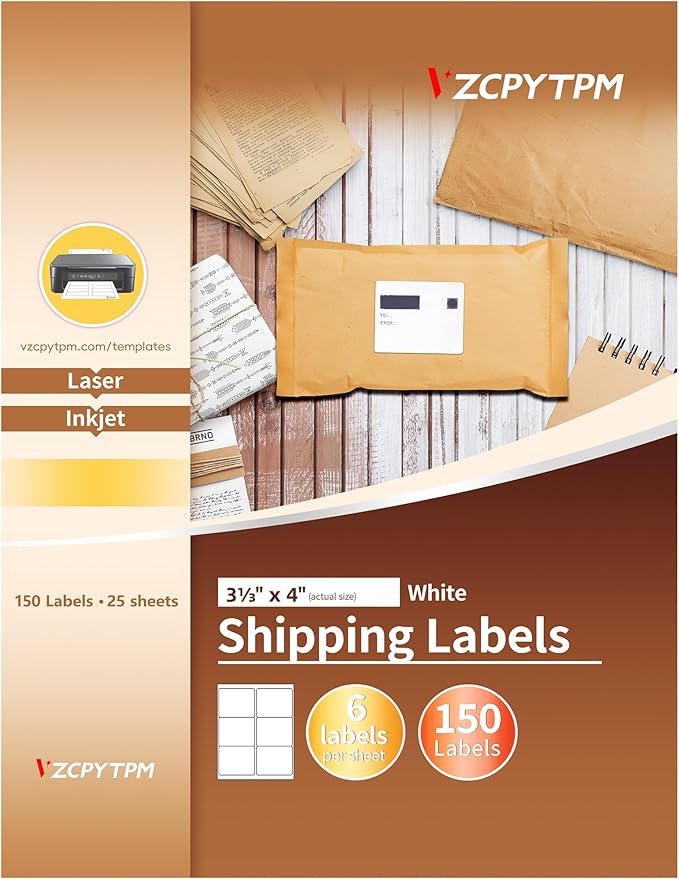 VZCPYTPM Printable Shipping Labels 3-1/3" x 4",25 Sheets 150 Blank Labels,for Mailing,Packages & Envelopes,Address Stickers