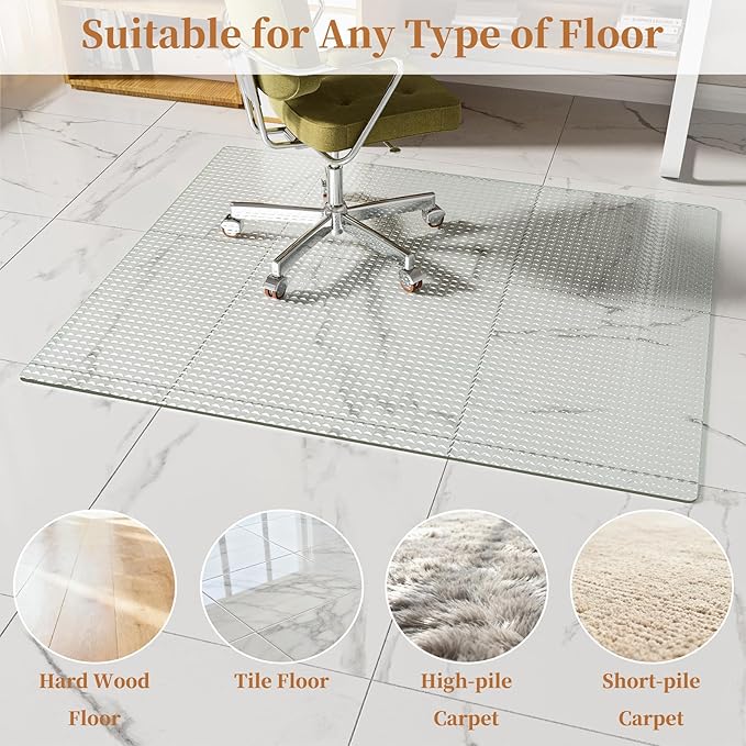 Koonmi Wave Glass Chair Mat 36"x46", Tempered Glass Office Chair Mat, Embossed Wave Pattern Chair Mats with Rounded and Polished Edges for Hardwood Floor, Carpet, Support 1200lbs