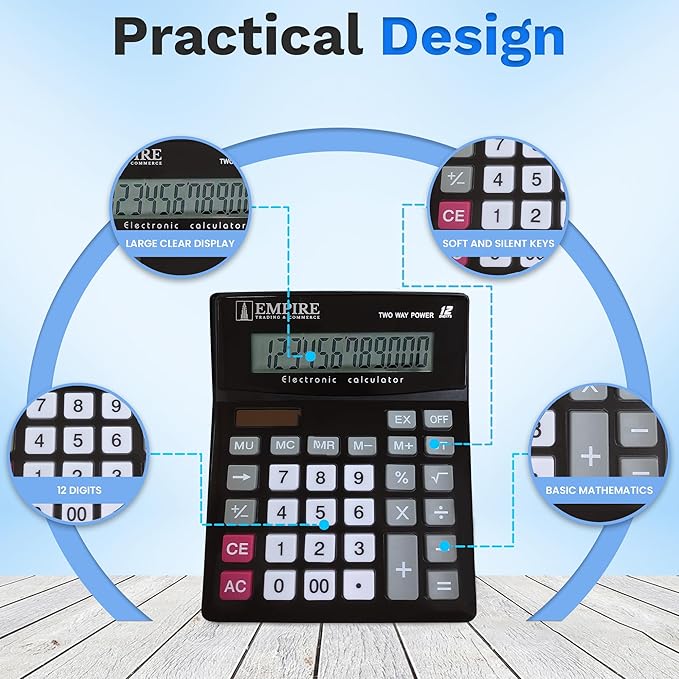 Empire Desk Calculator with Large Key Buttons, 12-Digit Large Eye-Angled Display, Solar & Battery Powered - Basic Calculator for Students, Home and Office Use (Battery Included)