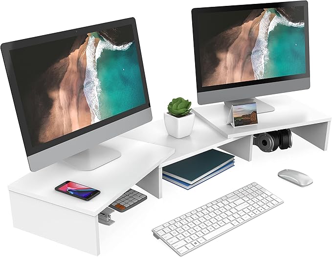 FITUEYES Dual Monitor Stand – 3 Shelf Computer Monitor Riser, Wood Desktop Stand with Adjustable Length and Angle, Desk Accessories, Office Supplies Medium White, DT108008WW