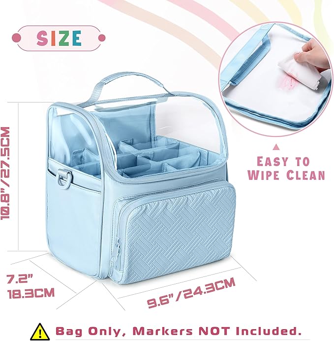 Large Marker Organizer Case for 180 Markers, Marker Storage Bag for Markers, Paint Brushes, Colored Pencils or Other Art Supplies with Dividers and Shoulder Strap (Blue)