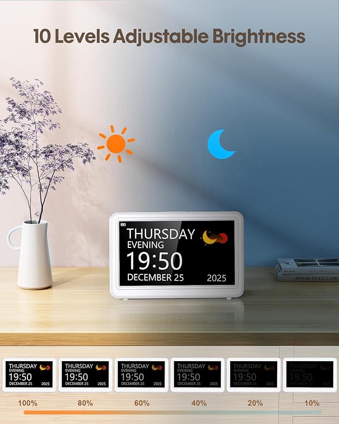 Digital Clock with Date and Day of Week, Dementia Clocks Battery Operated Alarm Clock with 20 Alarms and Medicine Reminders, 7" Large Display Rechargeable Desk Clock for Elderly Seniors Alzheimers