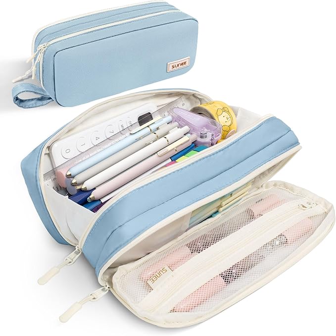 SUNEE Pencil Case, Large Capacity Pencil Pouch, Aesthetic Pen Bag Office Stationery Organizer Simple Sturdy Multifunctional for Teen Girls Women Men, Blue