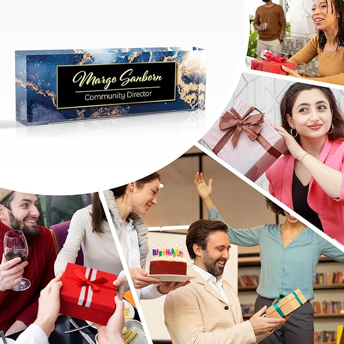 Personalized Name Plate for Desk Custom Acrylic Desk Name Plate Custom Employee Appreciation Gifts Office Gifts for Women, Men, Boss, Coworkers, Teacher, Nurse (A-Blue Marble)